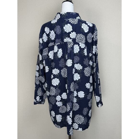 Susan Graver Women’s Plus Sz 2X Cotton Shirt Button Down Floral Print Navy White - Picture 5 of 16